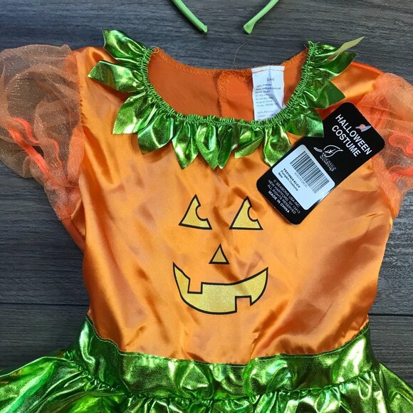 Seasons Precious Pumpkin Costume Girls Small (4-6) Halloween Orange Green NEW - Picture 5 of 11